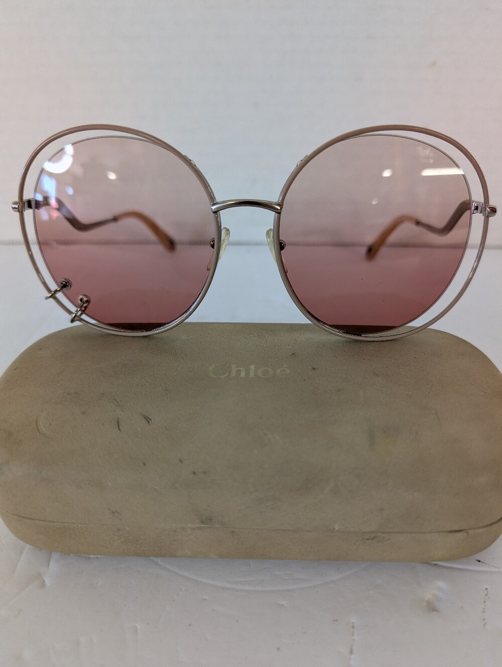 Vintage Sunglasses By Chloe Pink Round Metal Frame Sunglasses With Case